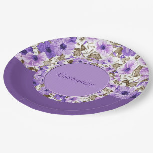  Paarse & Witte Bloemen Papier Borden 4 Papieren Bordje