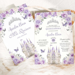 Paarse witte bloemen Princess Castle Quinceañera X Kaart