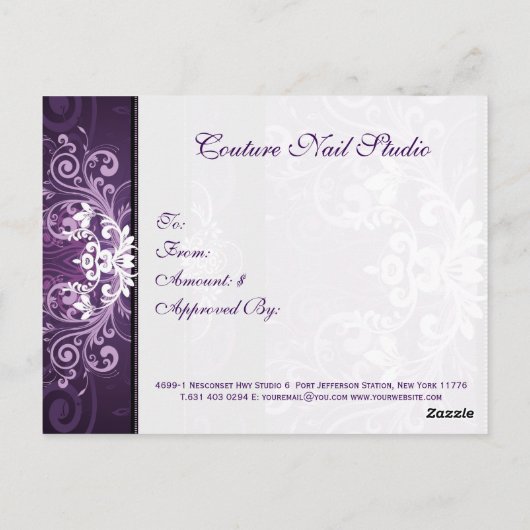 Paarse & Witte Bloemen Swirl Cadeaubon Briefkaart (Achterkant)