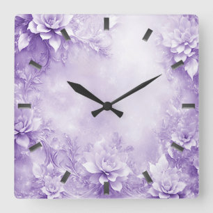 Paarse witte bloemen wandklok vierkante klok