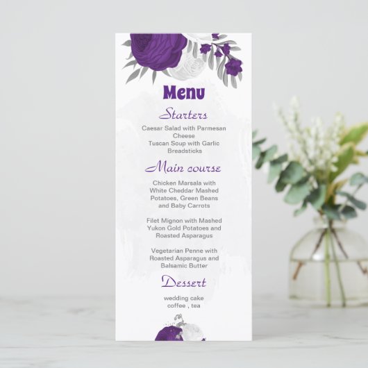 paarse witte bloemen zilverbotanische bruiloft menu (Staand voorkant)
