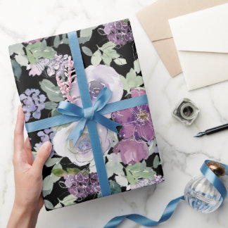 Paarse Witte Bloemige Roos Zwarte Achtergrond Cadeaupapier