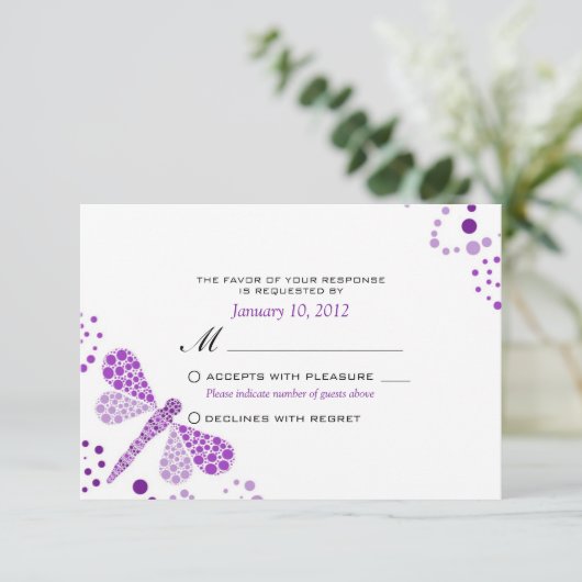 Paarse witte dragonfly Pointillisme Custom RSVP (Staand voorkant)