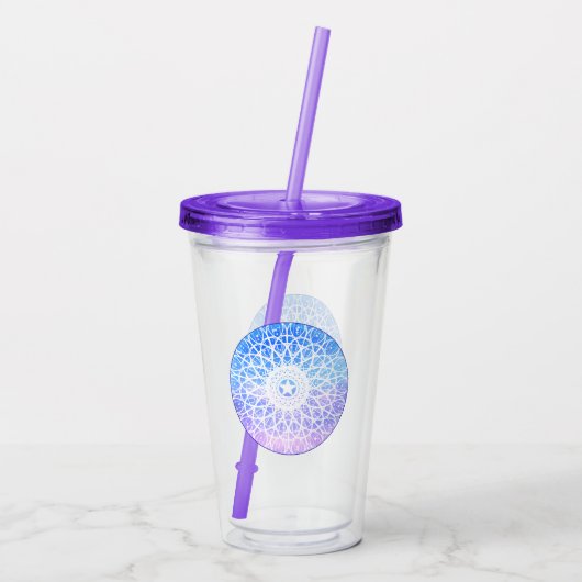 Paarse, witte en blauwe ruimte bloemenmandala acryl drinkbeker (Achterkant)