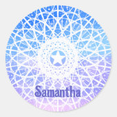 Paarse, witte en blauwe ruimte bloemenmandala ronde sticker (Voorkant)