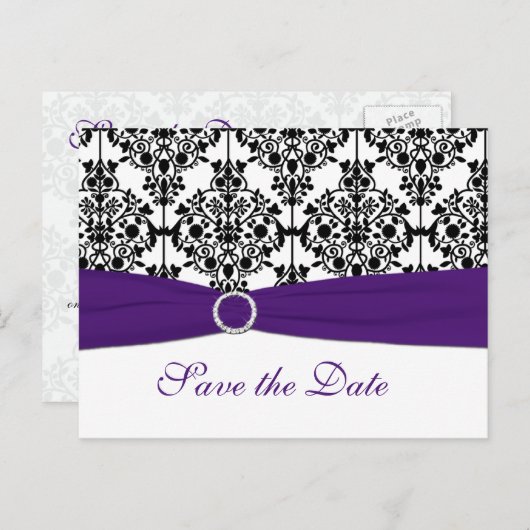 Paarse, witte en zwarte Save the Date Briefkaart (Voorkant / Achterkant)