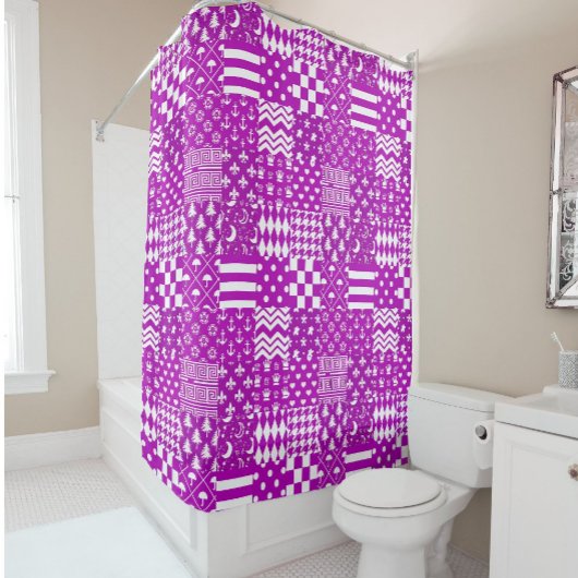 Paarse Witte Gemengde Patchwork Ontwerp Douchegordijn