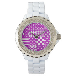 Paarse Witte Gemengde Patchwork Ontwerp Horloge