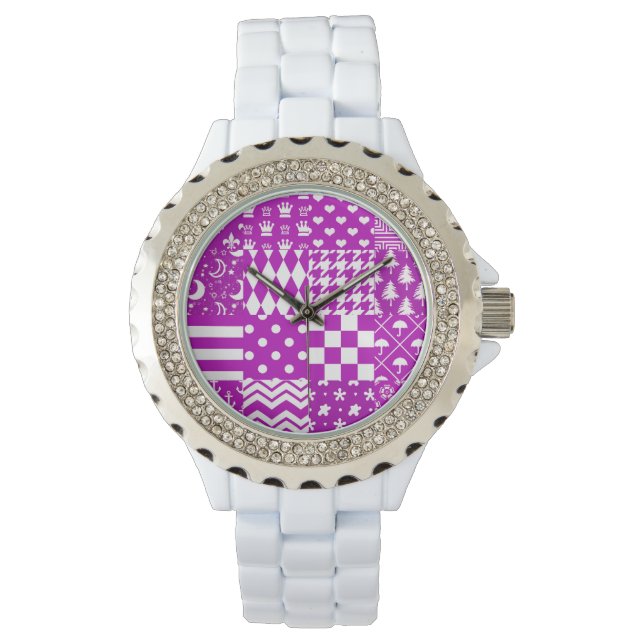 Paarse Witte Gemengde Patchwork Ontwerp Horloge (Voorkant)