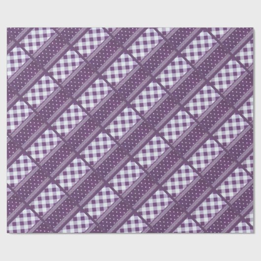 Paarse Witte Geruite Polka Dot Floral Damask Art Cadeaupapier (Vlak)