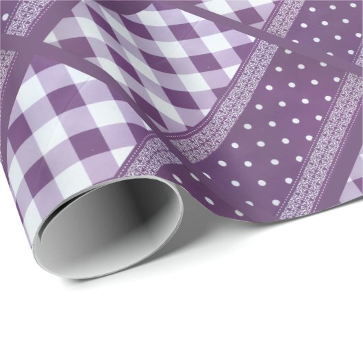 Paarse Witte Geruite Polka Dot Floral Damask Art Cadeaupapier (Rol Hoek)