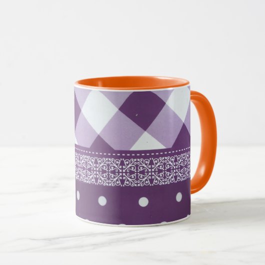 Paarse Witte Geruite Polka Dot Floral Damask Art Mok (Voorkant rechts)