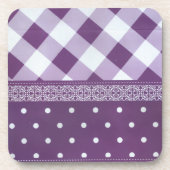 Paarse Witte Geruite Polka Dot Floral Damask Art Onderzetter (Voorkant)