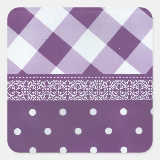 Paarse Witte Geruite Polka Dot Floral Damask Art Vierkante Sticker (Voorkant)