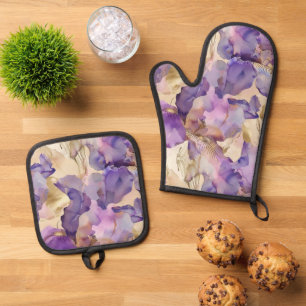 Paarse Witte Gouden Iris Bloem Abstract Ovenwant & Pannenlap Set