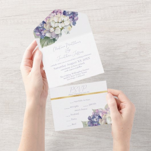 Paarse & Witte Hydrangea Bloemen All In One Uitnodiging (Afscheurbaar)