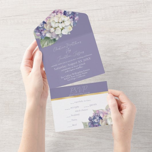 Paarse & Witte Hydrangea Bloemen op Lavendel All In One Uitnodiging (Afscheurbaar)