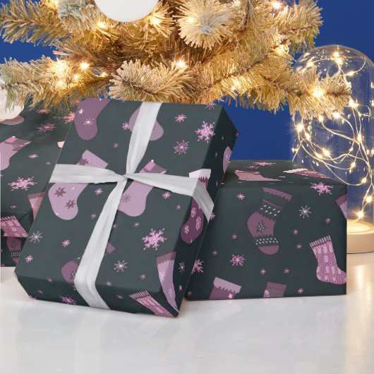 Paarse & Witte Kerstkousen Zwart Kerstmis Cadeaupapier (Feestdagen)