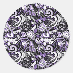 Paarse witte paisleyprint elegante verjaardagsfees ronde sticker