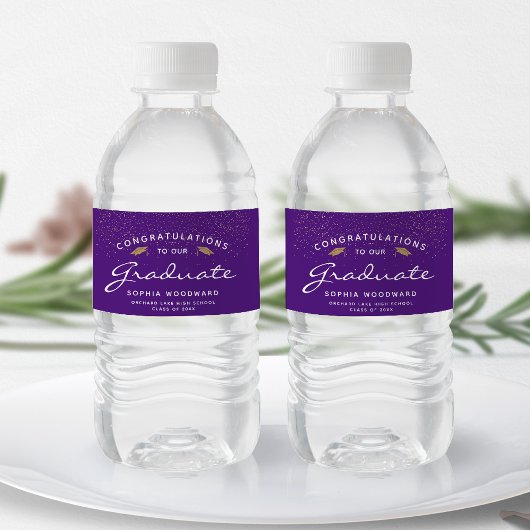 Paarse witte script gouden dop afstudeerceremonie waterfles etiket