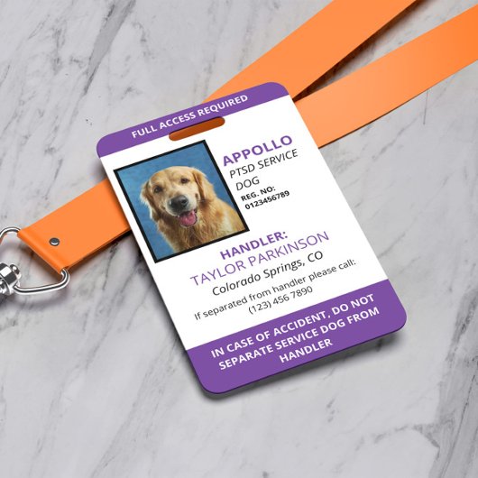 Paarse witte servicehond foto-ID Badge