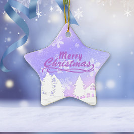 Paarse witte sneeuwhuis kerst nieuwjaar keramisch ornament