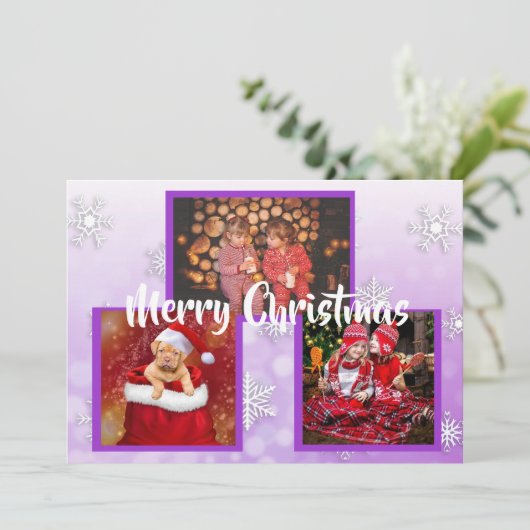 Paarse witte sneeuwvlokken Familie Foto's Kerstmis Kaart (Staand voorkant)