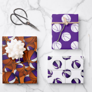 paarse witte sportteam kleuren basketbal geschenke inpakpapier vel