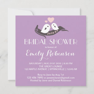 Paarse witte vedervogels Bridal Shower Invitation Kaart