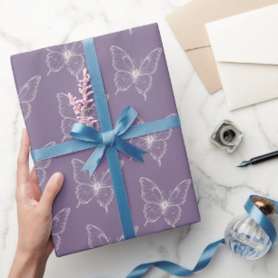 Paarse Witte Vlinders Verjaardag Cadeaupapier
