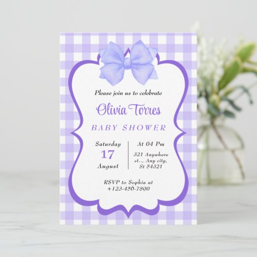 paarse Witte Waterverf Baby shower Uitnodiging (Staand voorkant)