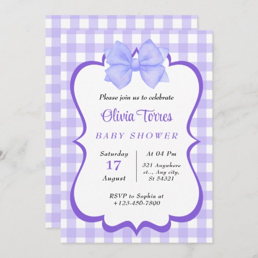 paarse Witte Waterverf Baby shower Uitnodiging (Voorkant / Achterkant)