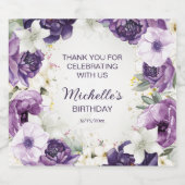 Paarse witte Waterverf Floral Glitter Birthday Sparkling Wijnetiket (Enkel label)