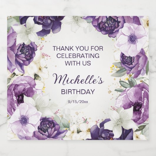 Paarse witte Waterverf Floral Glitter Birthday Sparkling Wijnetiket (Enkel label)