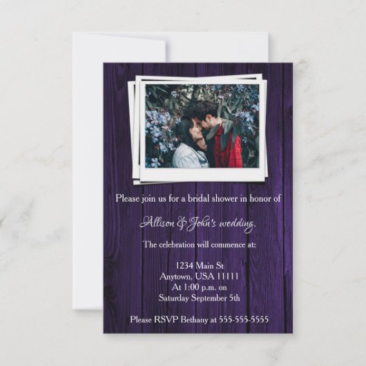 Paarse Wooden Foto Vrijgezellenfeest Uitnodigen Kaart (Voorkant)