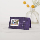 Paarse Wooden Photo Reception Place Card (Voorkant)