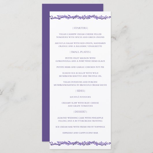 Paarse Woodsy bruiloft receptie Ultra Violet Menu (Voorkant / Achterkant)