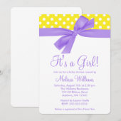 Paarse Yellow Bow Polka Dot Baby shower Kaart (Voorkant / Achterkant)