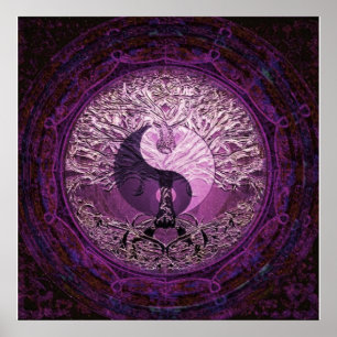 Paarse Yin Yang met levensboom Poster