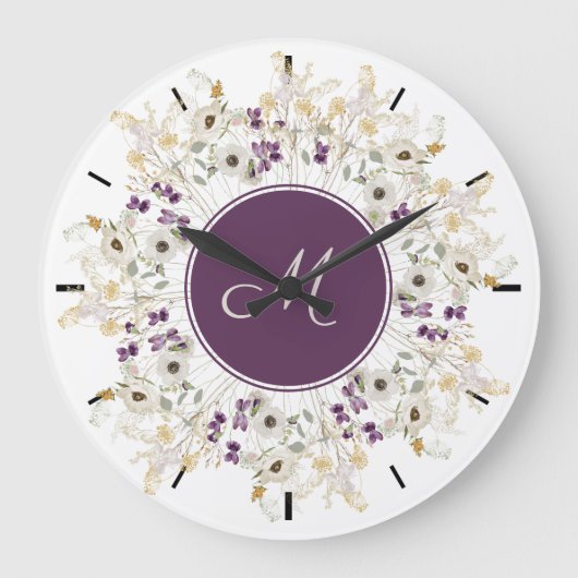Paarse Zachte Wilde Bloem WreatMonogram Wall Clock Grote Klok (Voorkant)