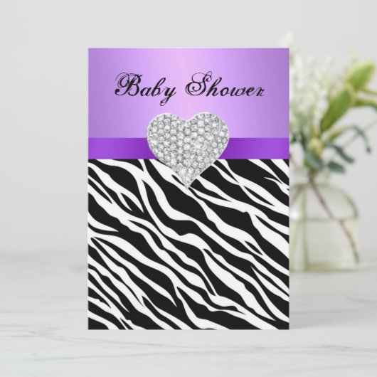 Paarse Zebra Diamond Heart Baby shower Uitnodiging (Staand voorkant)