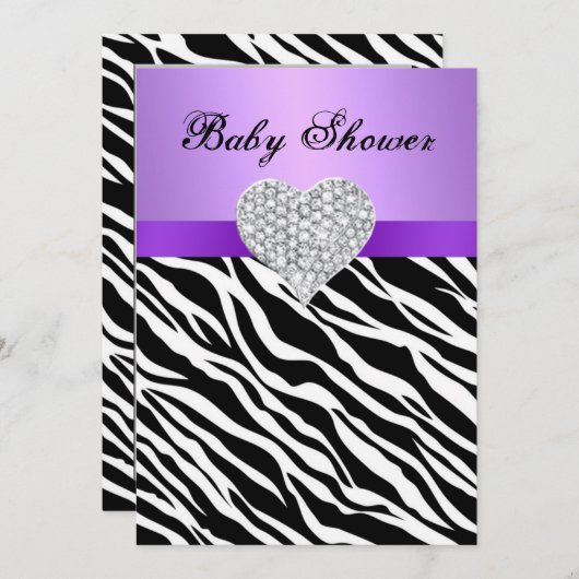 Paarse Zebra Diamond Heart Baby shower Uitnodiging (Voorkant / Achterkant)