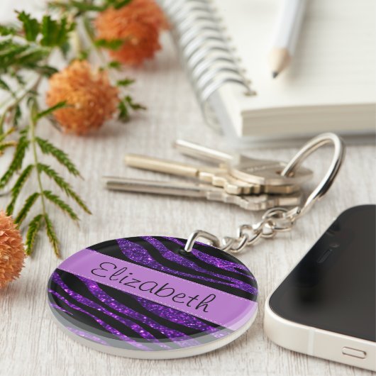 Paarse Zebra, glitter-Zebra, strips, Jouw naam Sleutelhanger (Voorkant Rechts)