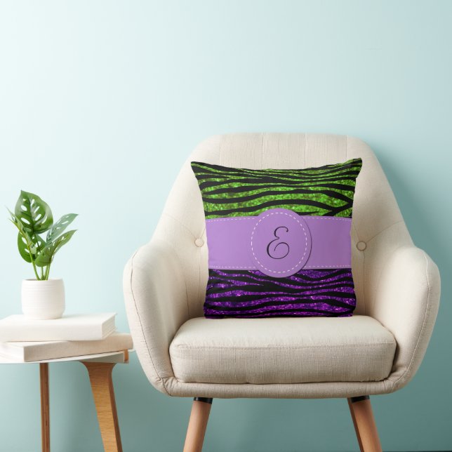 Paarse Zebra, Groene Zebra, Glitter Zebra, Monogra Kussen (Stoel)