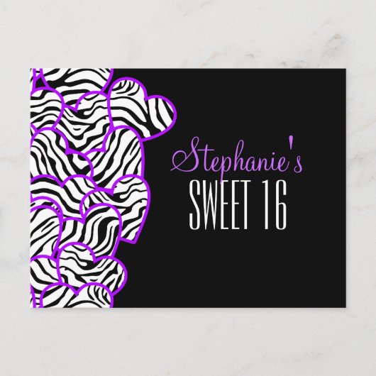 Paarse zebra harten Sweet 16 Verjaardagskaart Briefkaart (Voorkant)
