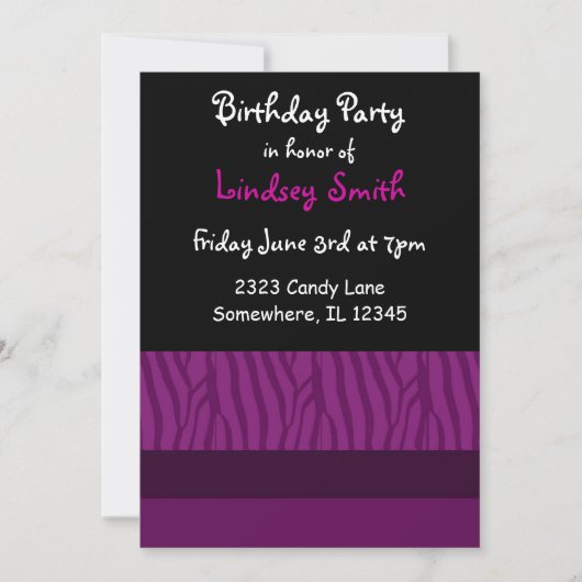 Paarse Zebra Print Birthday Uitnodiging (Voorkant)