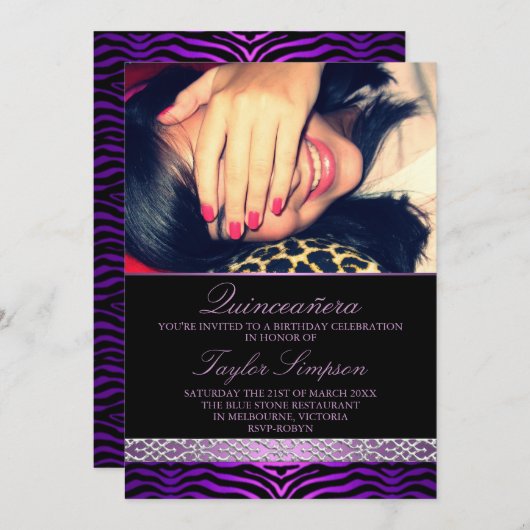 Paarse Zebra Print Quinceañera Verjaardag uitnodig Kaart (Voorkant / Achterkant)