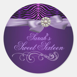 Paarse zebraprint & strik sweet 16 enveloppe stick ronde sticker