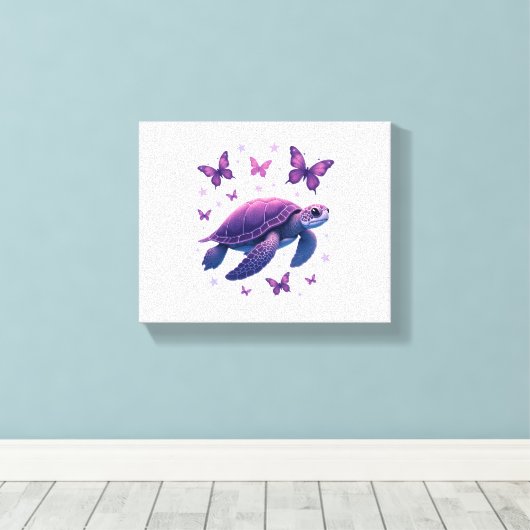 Paarse - Zee Turtle Butterfly T-shirt Canvas Afdruk (Insitu (Houten vloer))
