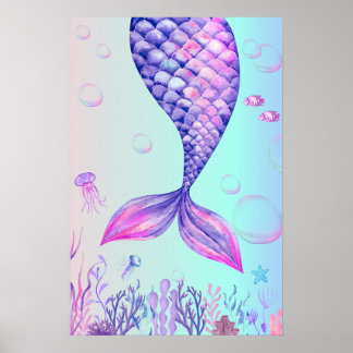 Paarse Zeemeermin Blauw Zee Slaapkamer Wall Art Po Poster